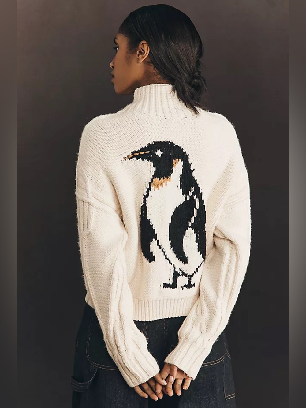 Anthropologie‎ Pilcro Collared Cable Knit Sweater Ivory Small Penguin Zip Up